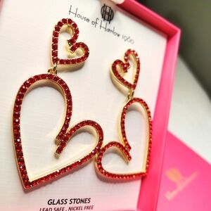 House of Harlow 1960 Dangling Red Double Love Heart Rhinestone Earrings NIB Gift